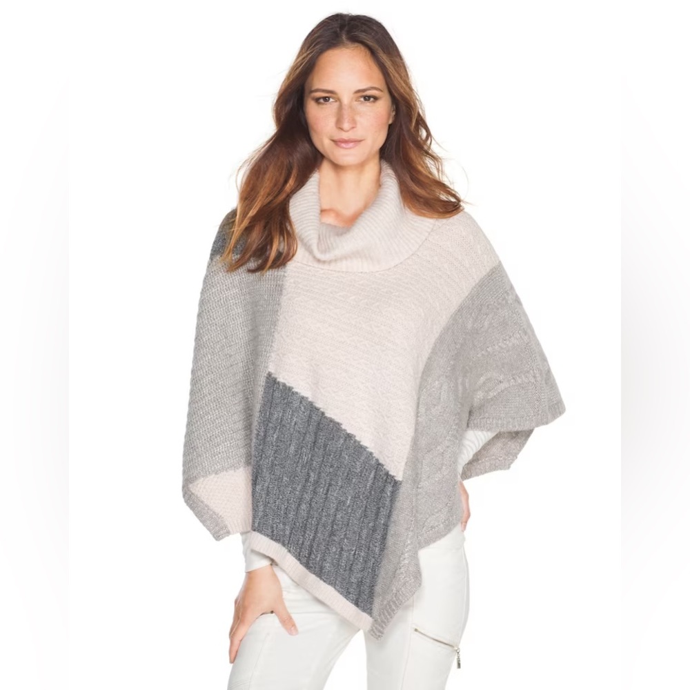White House Black Market Color Block Patchwork Poncho Sweater Turtleneck